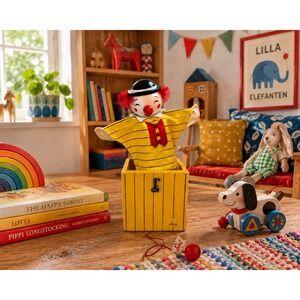 Sevi Vintage Wooden Jack-in-the-Box Clown Puppet Toy Made in Italy Yellow Box